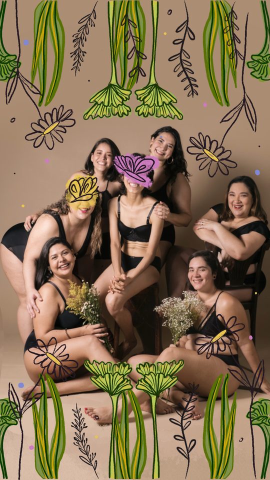 Women in black underwear smiling and holding wildflowers, framed by hand-drawn flowers